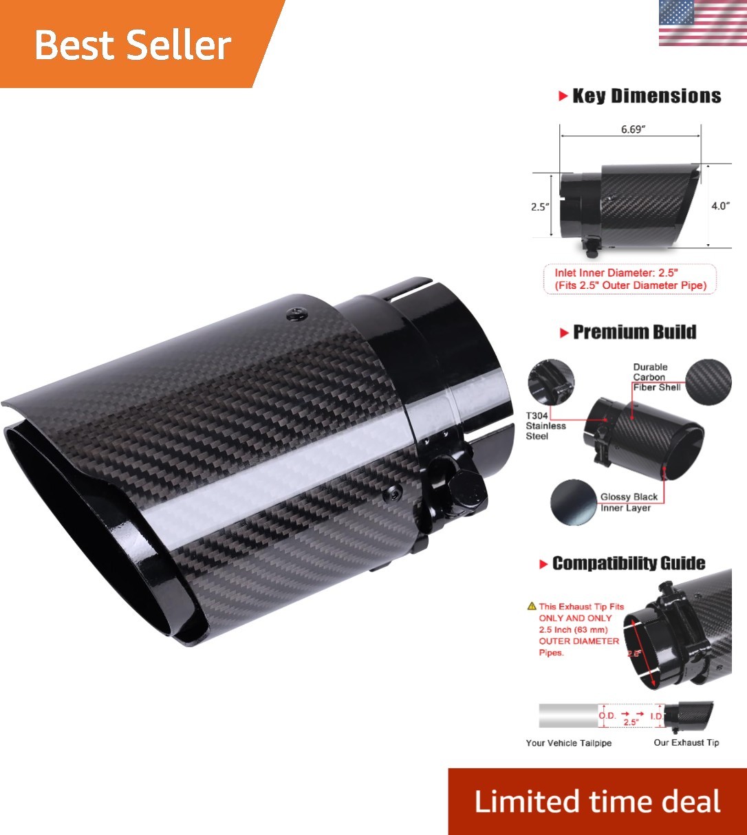 Durable 2.5″ Inlet Carbon Fiber Exhaust Tip with Black Clamp – Easy Install