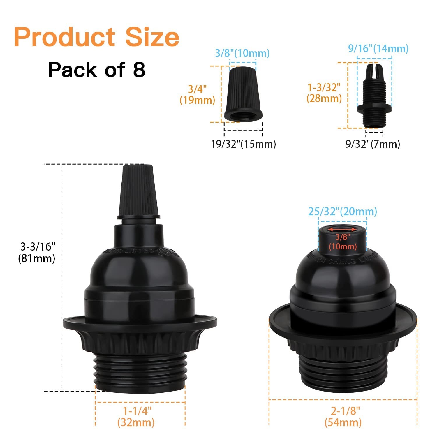 8 Pack E26 E27 Light Sockets – Black Screw Base, Retro Edison Lamp Holder, DIY P