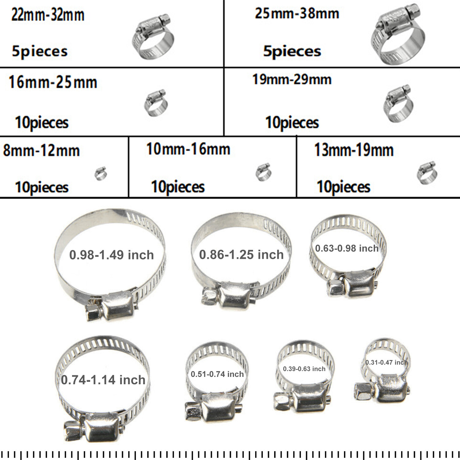 60 PCS Adjustable Hose Clamps Worm Gear Stainless Steel Clamp Assortment 8-38mm