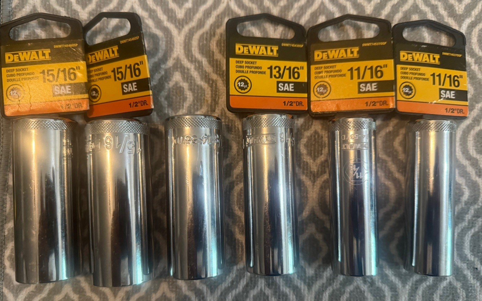 Dewalt 1/2” drive 12 point Sockets – 6 total 15/16 7/8 13/16 11/16 Deep *New*