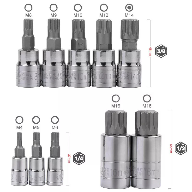 10pc XZN Triple Square 12 Point Spline Bit socket Set 4MM – 18MM
