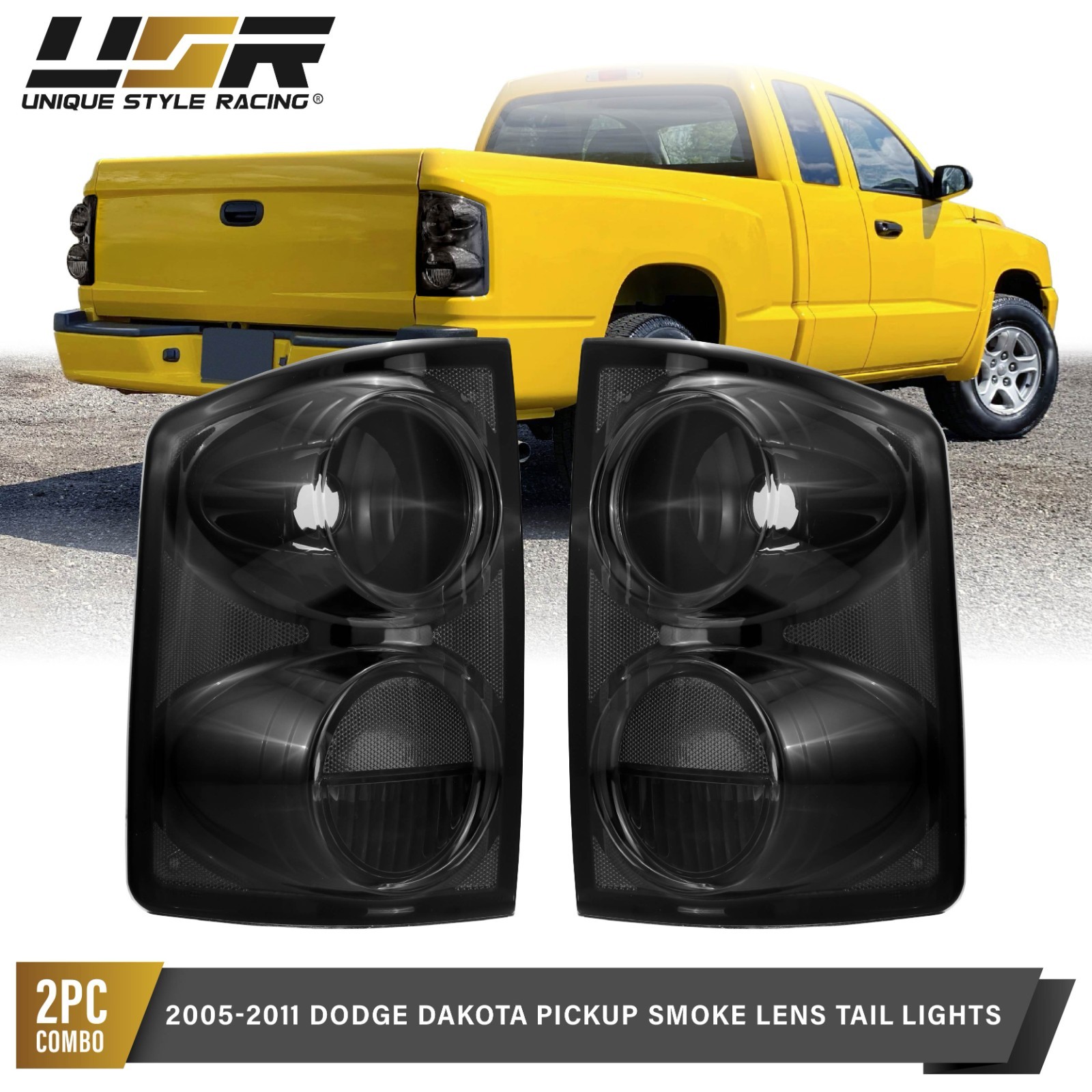 Light Smoke Lens Black Chrome Housing Tail Light set For 05-11 Dakota Pick Up