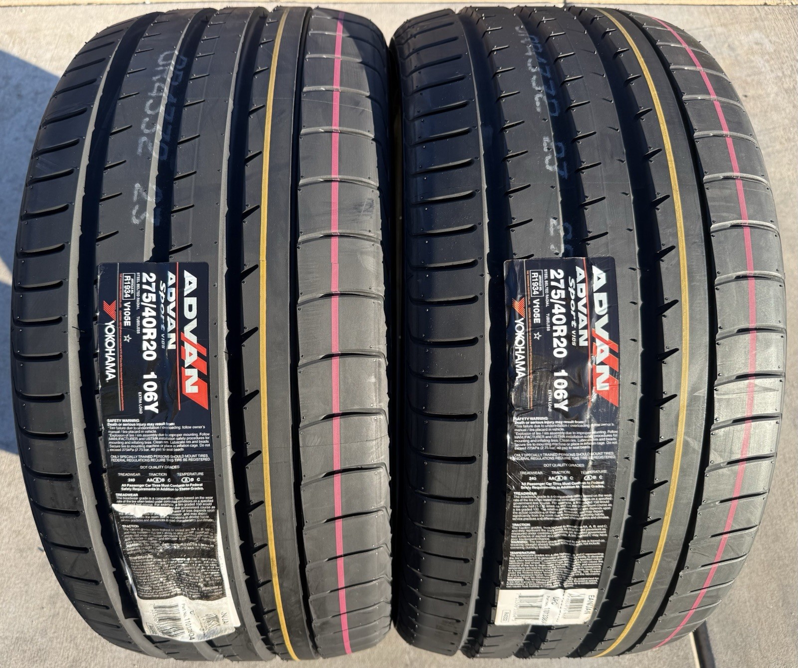 Set of TWO BRAND NEW 275/40R20 106Y Yokohama ADVAN Sport V105 Tires 2754020
