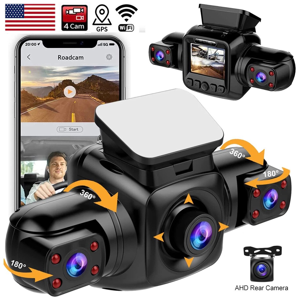 360°WiFi Dash Cam Recorder 1080P Car Camera 4 Channel DVR Vehicle Video G-Sensor