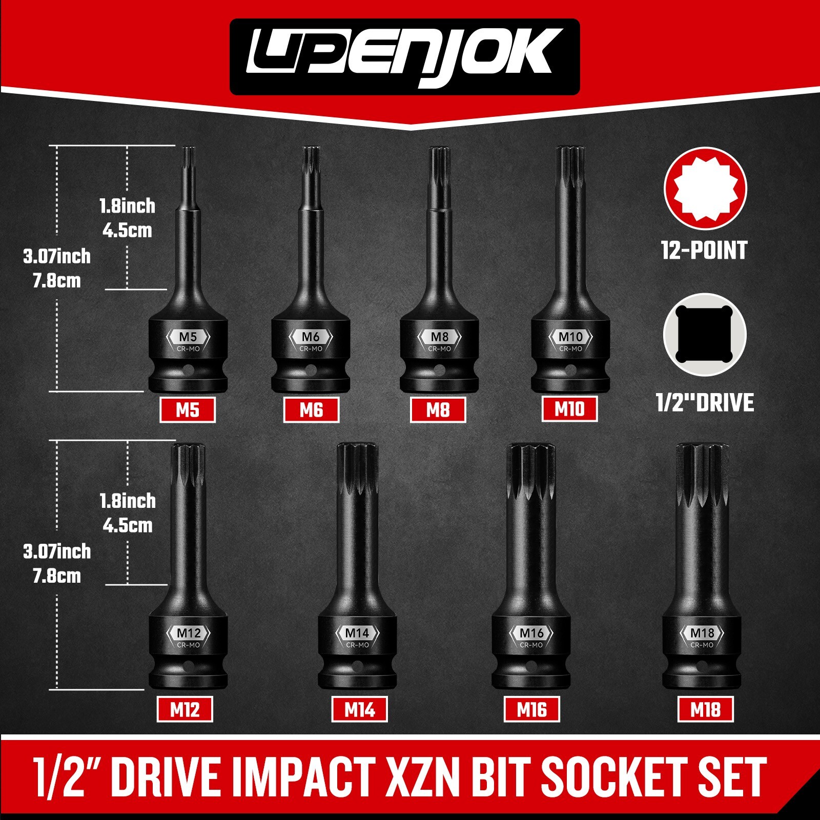 8 Pcs 1/2″ Drive Impact XZN Triple Square Bit Socket Set M5-M18