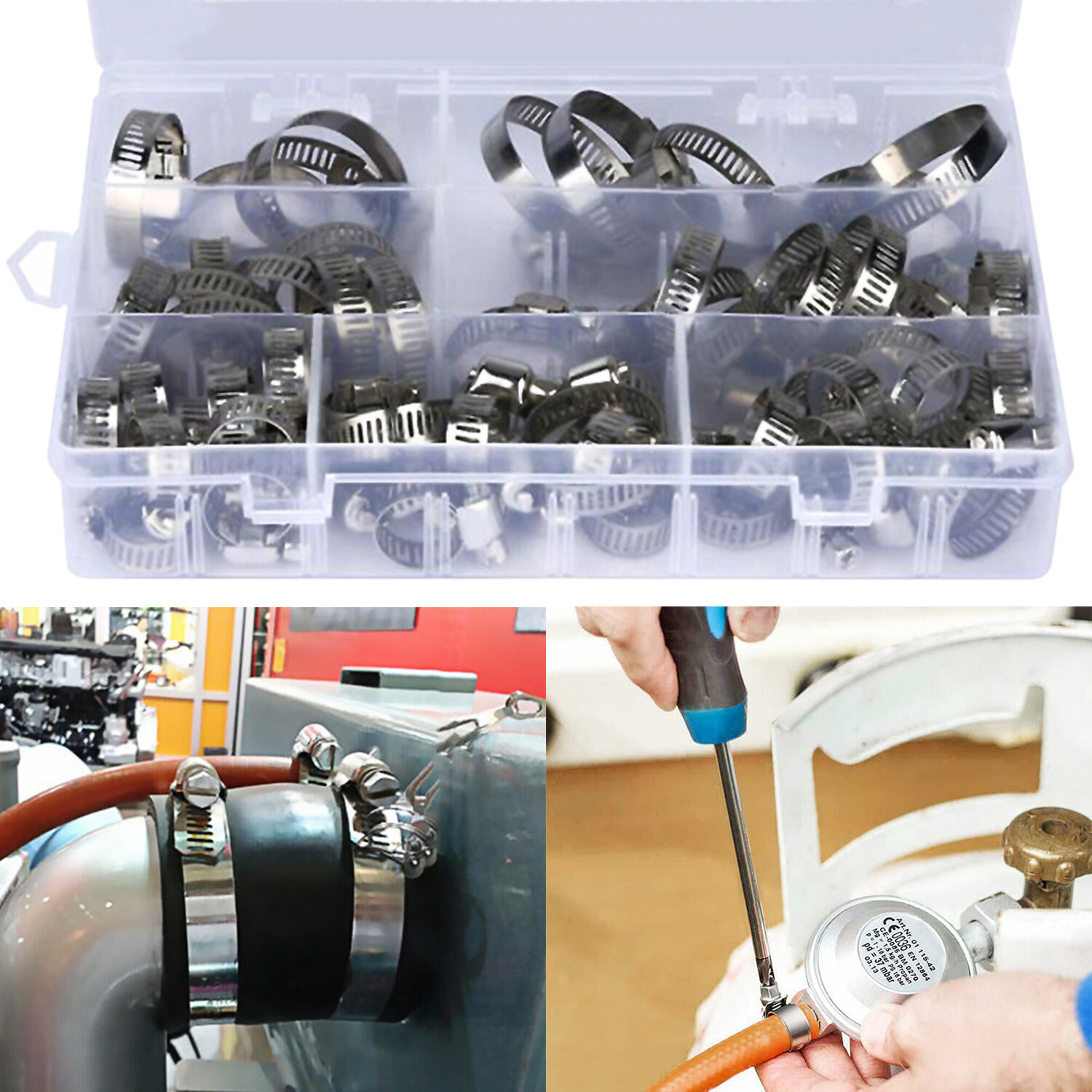 60 PCS Adjustable Hose Clamps Worm Gear Stainless Steel Clamp Assortment 8-38mm