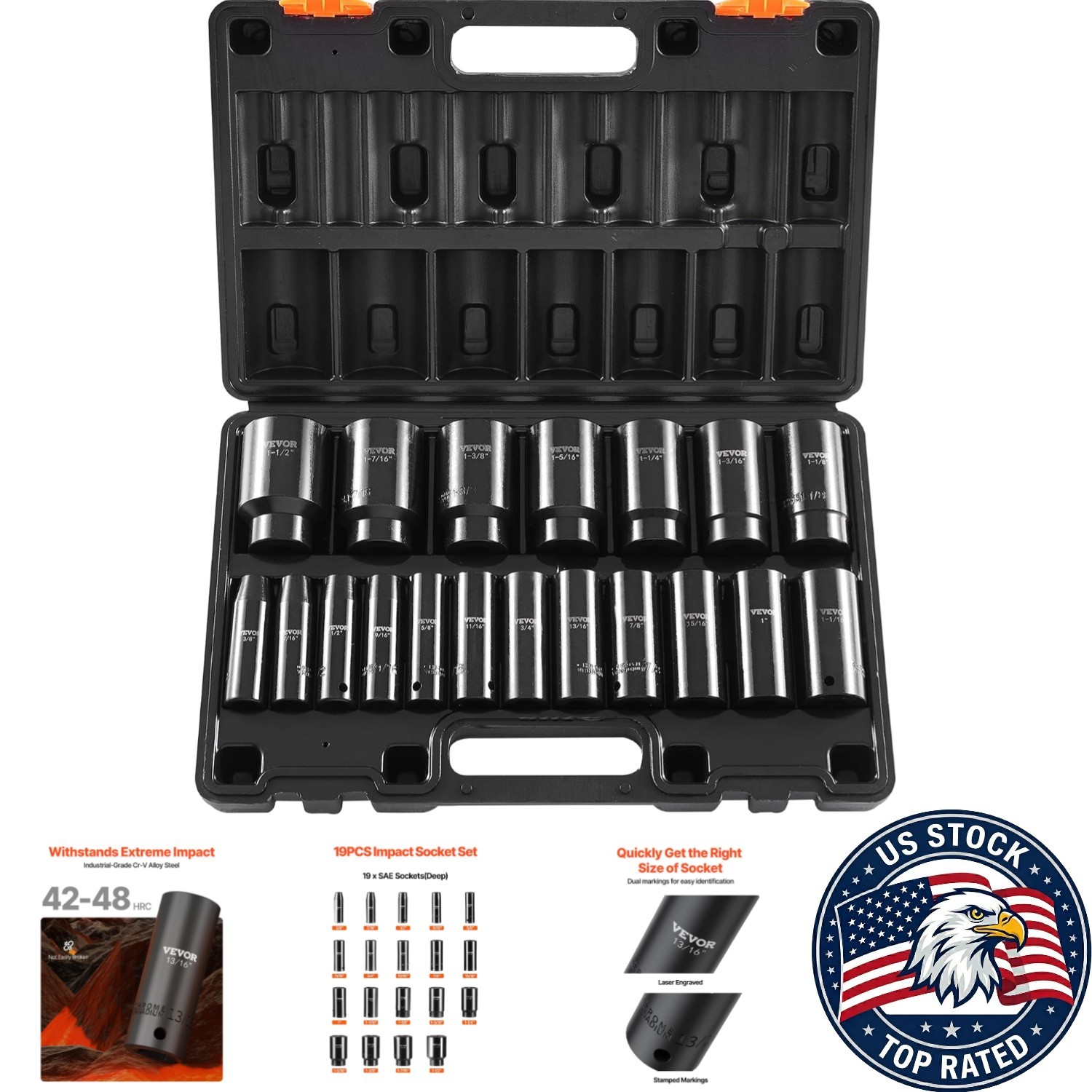 Vevor 19-Piece Impact Socket Set 1/2 Inches – Chrome Vanadium with Storage Cage