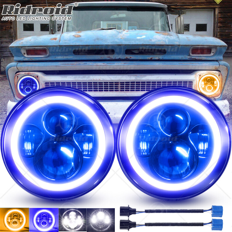 7″ Inch Round LED Headlights Halo Angel Eyes Blue DRL for Chevy Truck Camaro C10