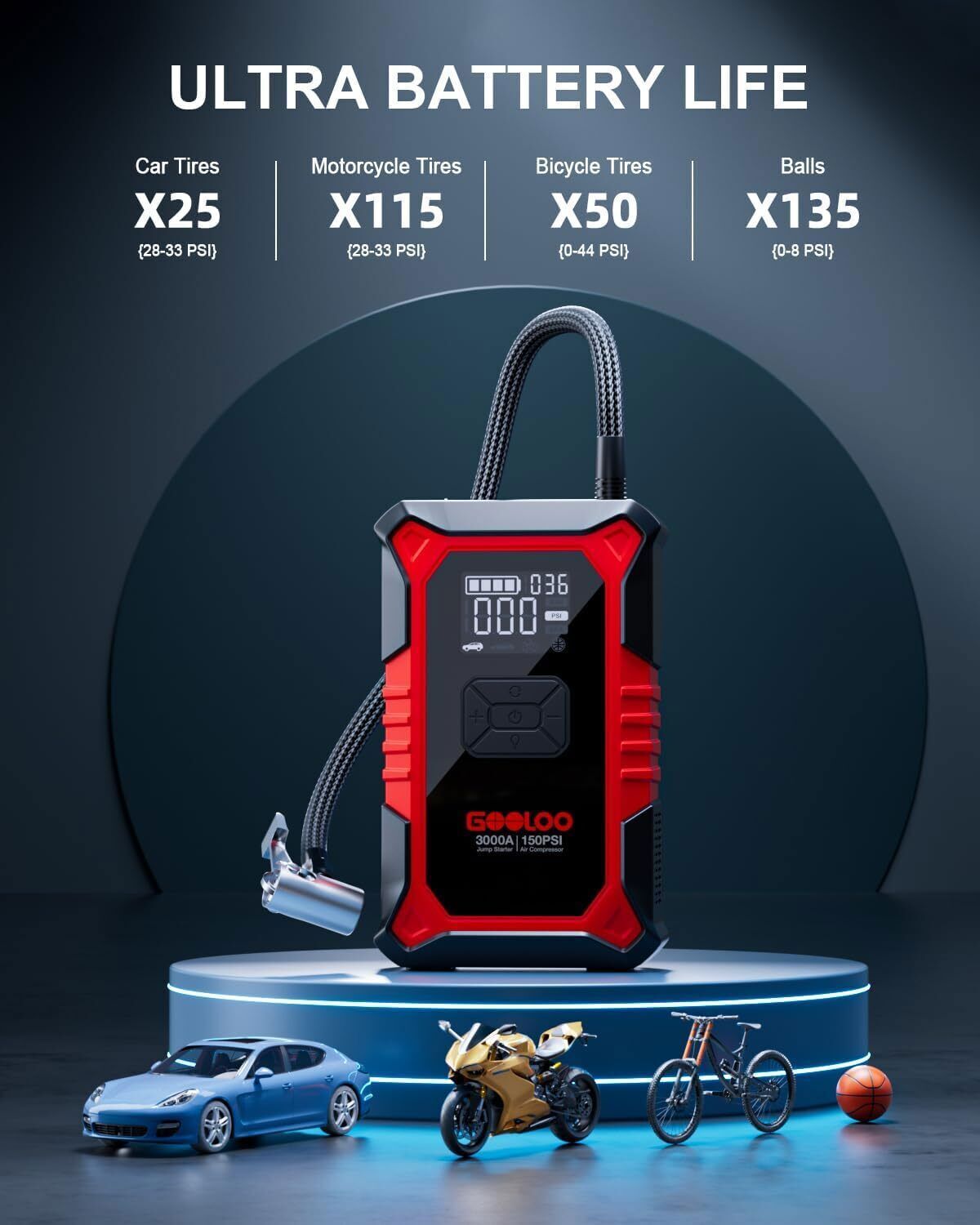 GOOLOO A3 Jump Starter with Air Compressor 3000A Portable Car Battery Booster