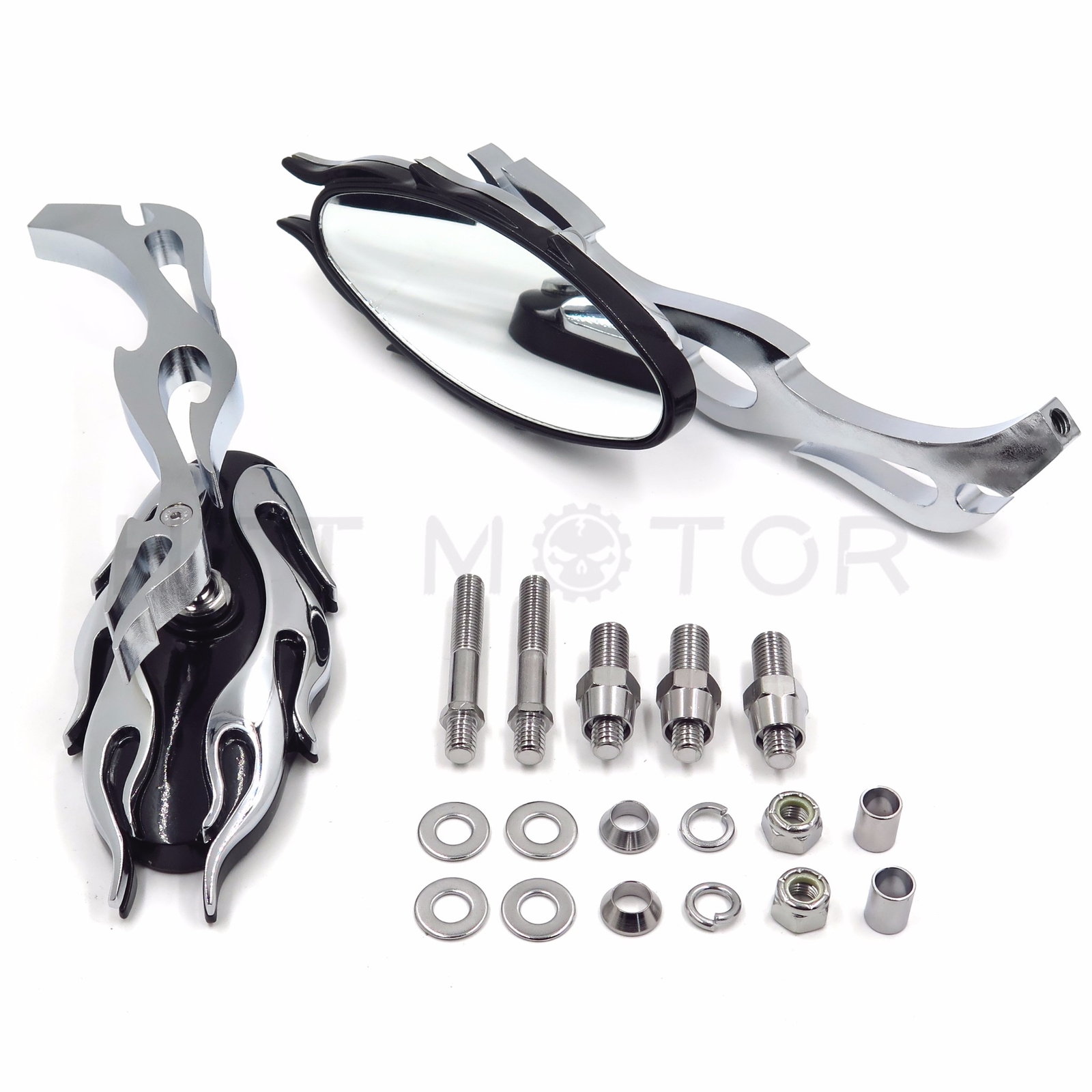 CHROME CNC FLAME MOTORCYCLE CRUISER CHOPPER CUSTOM REARVIEW SIDE MIRROR 8MM 10MM