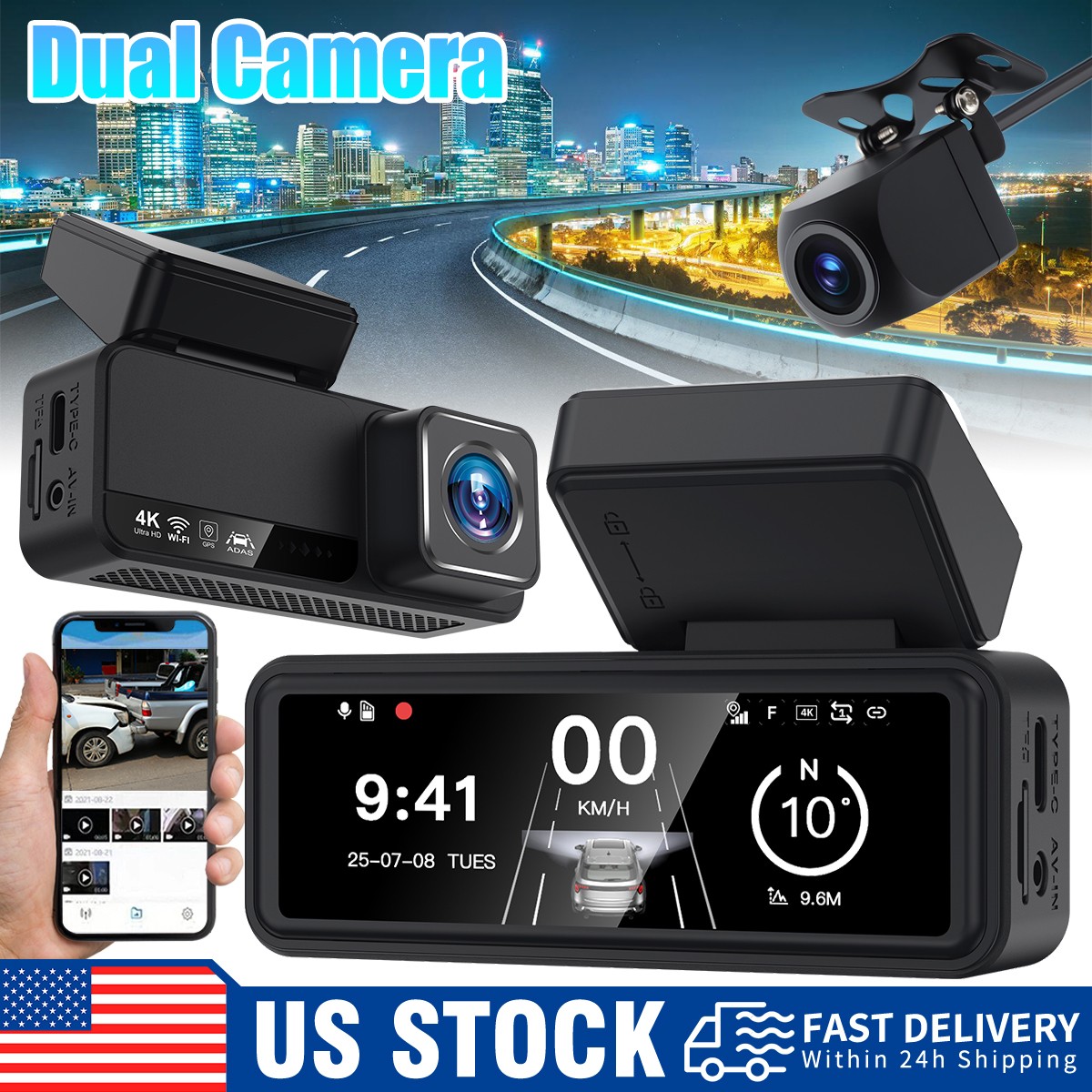 Night Vision Dash Camera 4K Front and Rear Dash Cam ADAS Built-In WiFi & GPS NEW